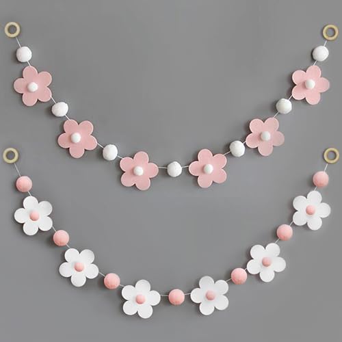 2 Pcs Felt Garland White Pink Flower Decor Banners