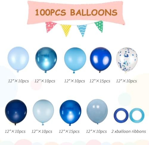 100pcs Blue Balloons Kit with 66ft Ribbons