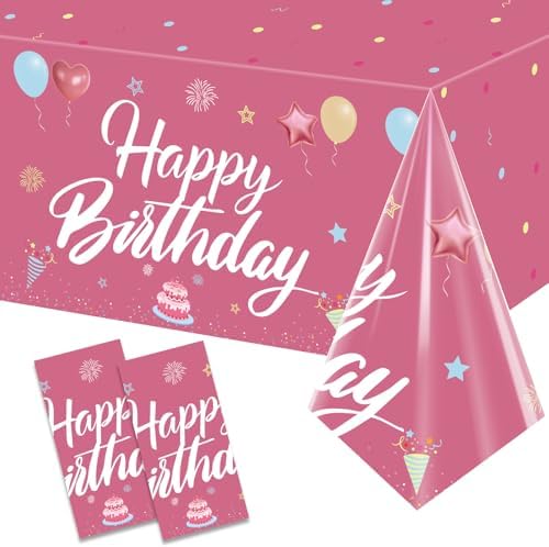 Happy Birthday Tablecloth Decorations 2Pcs Hot Pink Waterproof 108x54 Inch