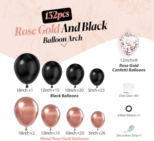 132pcs Rose Gold and Black Balloon Arch Kit for Parties