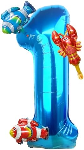 40 Inch Blue Number 1 Balloon with Sea Animal Decor