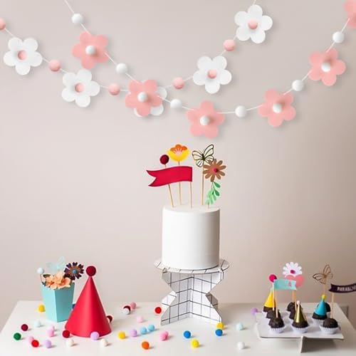 2 Pcs Felt Garland White Pink Flower Decor Banners