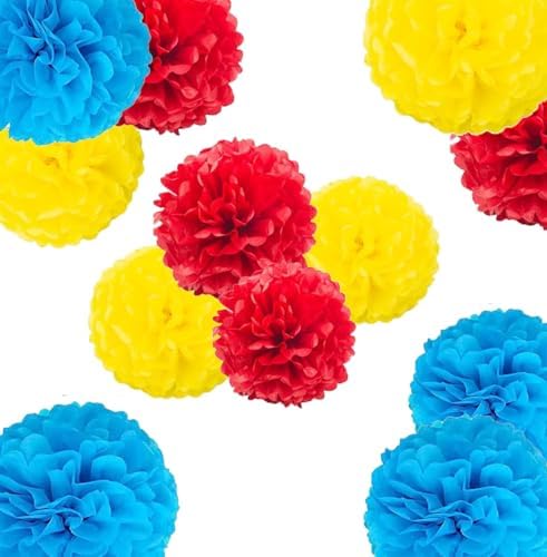 Blue Yellow Red Paper Pom Poms 10inch 12inch Set of 12
