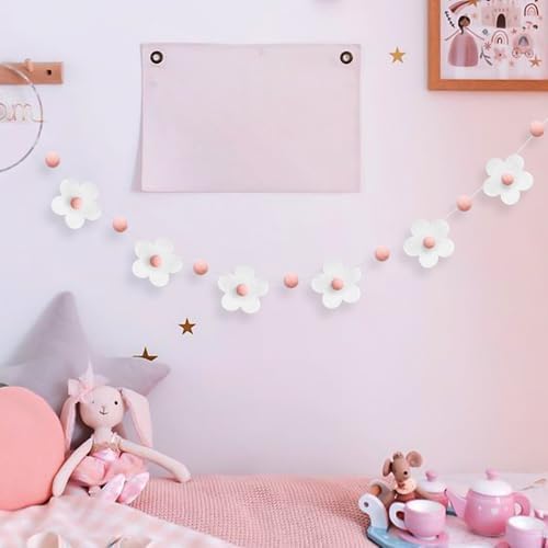 2 Pcs Felt Garland White Pink Flower Decor Banners