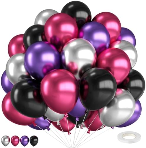 12 Inch Metallic Pink Purple Black and Silver Balloons with Ribbon