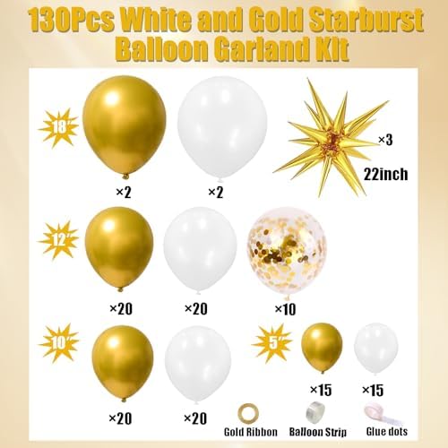 White and Gold Balloons Garland Arch Kit - 130Pcs Set