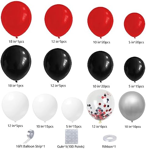 DBKL Party Balloon Garland Arch Kit with Red Black White Silver Confetti Balloons