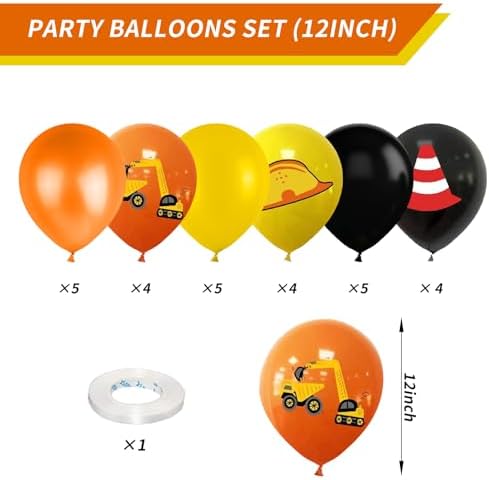12 Inch Construction Balloons with Excavator and Helmet Designs