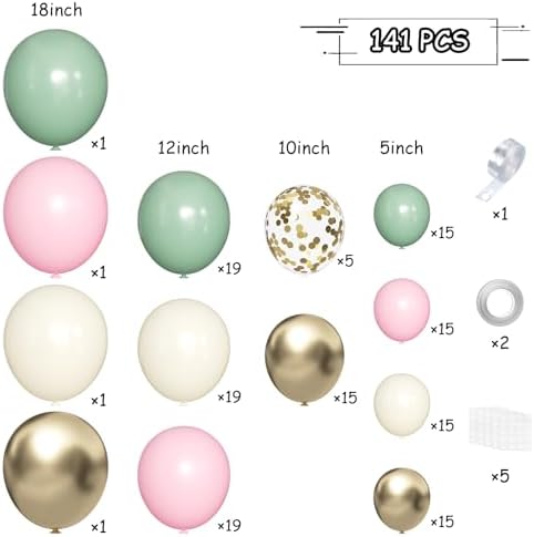 Sage Green Pink Gold Balloon Arch Kit 141Pcs