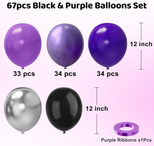 Purple and Black Balloons 67pcs 12 Inch Party Decorations