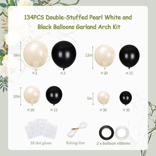 134pcs Double Stuffed Pearl White and Black Balloons Garland Arch Kit