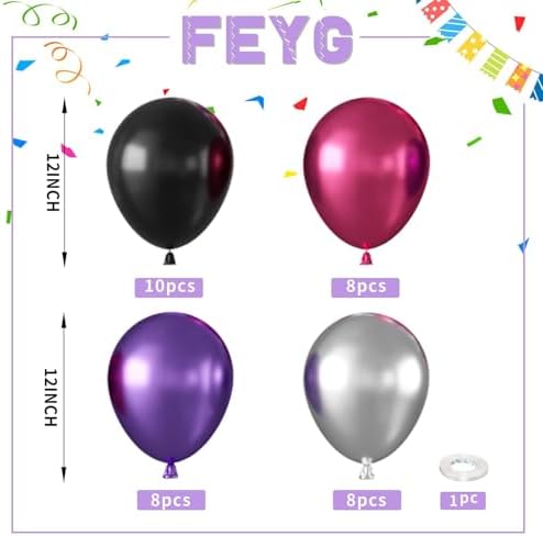 12 Inch Metallic Pink Purple Black and Silver Balloons with Ribbon