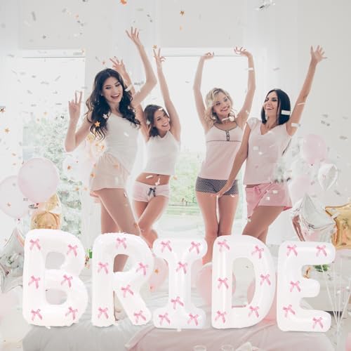 40 Inch White Bride Balloons with Pink Bows Set
