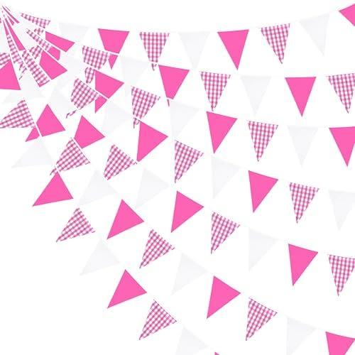 32 Ft Hot Pink Buffalo Plaid Checkered Flag Garland for Parties