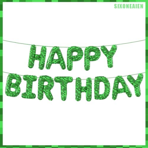 Green Pixel Miner Theme Birthday Foil Balloons