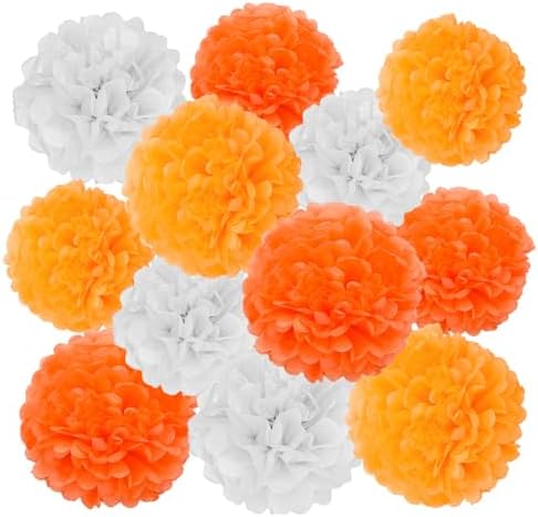 GAKA Orange and White Tissue Paper Pom Poms 12Pcs