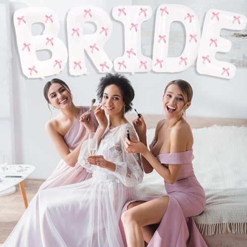 40 Inch White Bride Balloons with Pink Bows Set