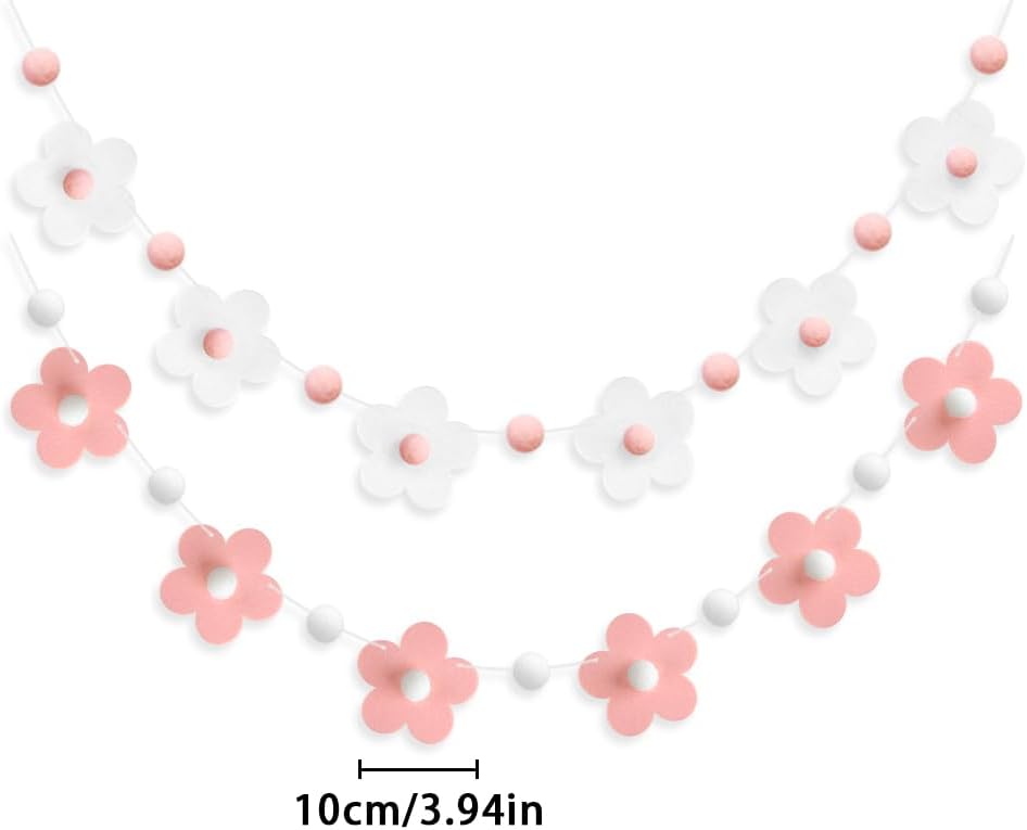 2 Pcs Felt Garland White Pink Flower Decor Banners