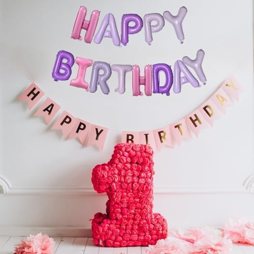 Pink Purple Happy Birthday Balloons Banner 16 Inch Decor