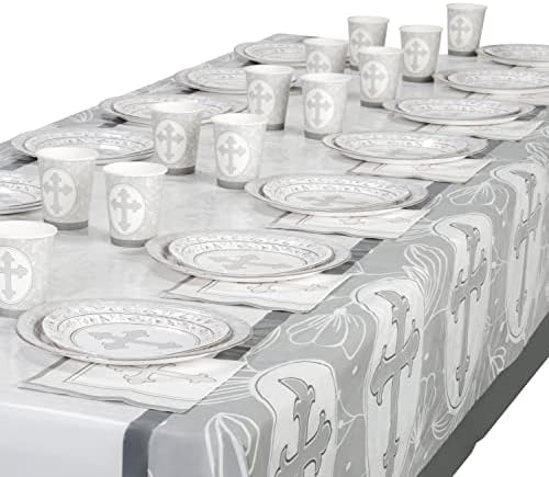 ROYAL BLUEBONNET Gray Cross Tablecloth Set of 2 for Baptism Party