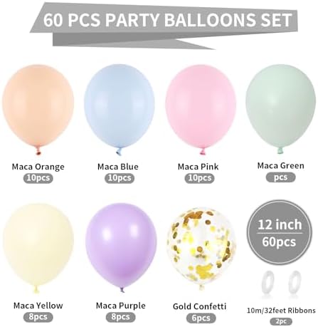 60 PCS Pastel Latex Balloons for Birthday Wedding Decor