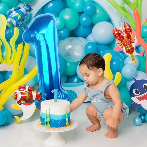 40 Inch Blue Number 1 Balloon with Sea Animal Decor