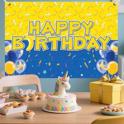 Birthday Party Backdrop Banner with Balloons Yellow Blue Design