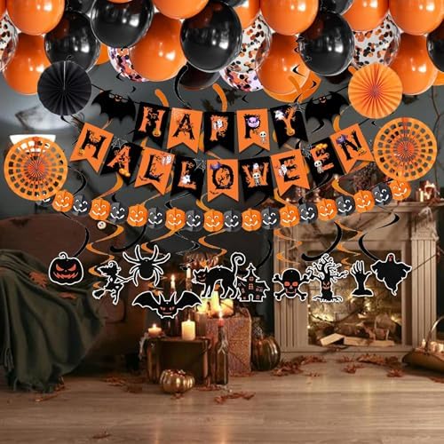 FECEDY Happy Halloween Decorations Banner Fan Balloons Streamers