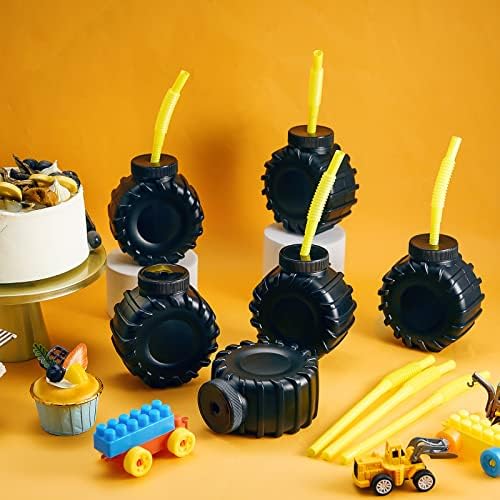 Amyhill 12 oz Construction Truck Cups Set with Orange Straws