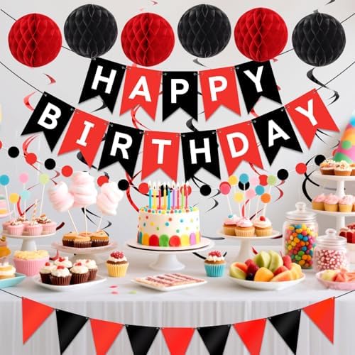 Red Black Happy Birthday Banner Decorations
