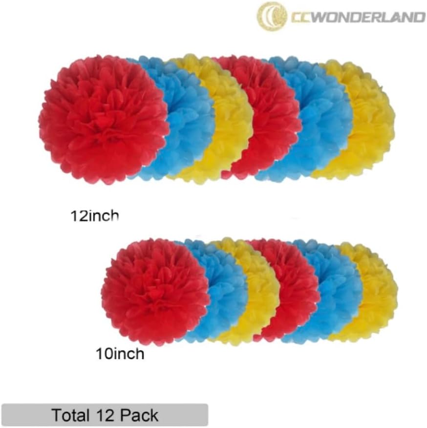 Blue Yellow Red Paper Pom Poms 10inch 12inch Set of 12