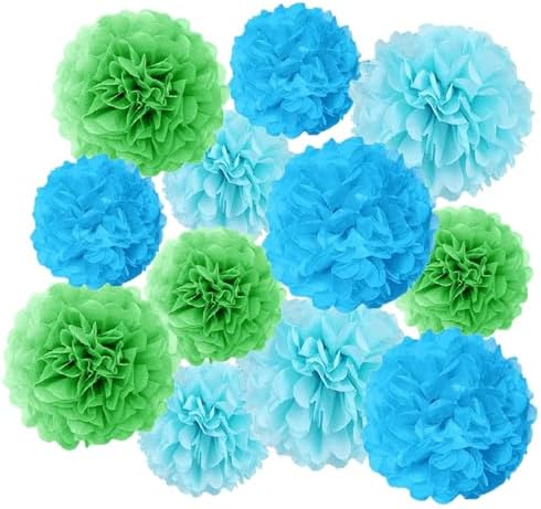 Aimto 12pcs Blue Light Blue Green Paper Pom Poms Decorations