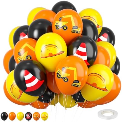 12 Inch Construction Balloons with Excavator and Helmet Designs