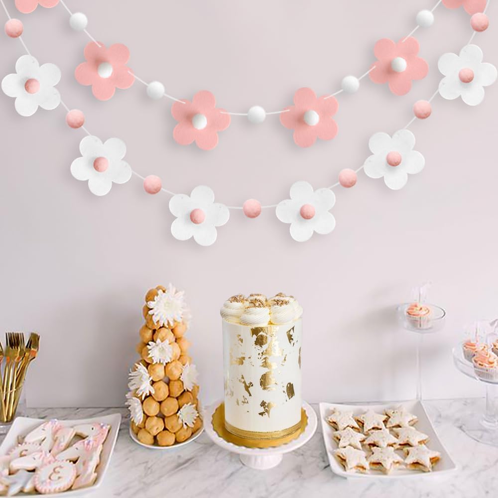 2 Pcs Felt Garland White Pink Flower Decor Banners