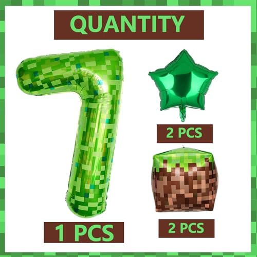 40 Inch Green Pixel Number 7 Foil Balloon Set 5Pcs