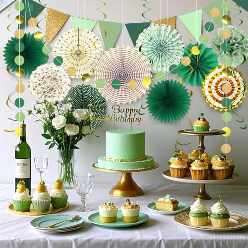 MEIWUTIE Green Gold Paper Fan Decorations Set