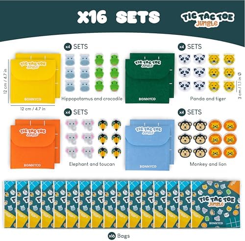 BONNYCO Tic Tac Toe Game Pack 16 Jungle Animals Kids Party Favors