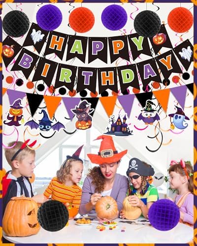 Happy Birthday Banner Decorations with Pom Poms and Swirls