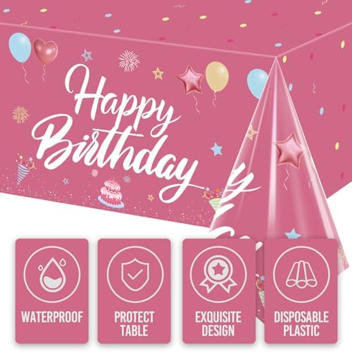 Happy Birthday Tablecloth Decorations 2Pcs Hot Pink Waterproof 108x54 Inch