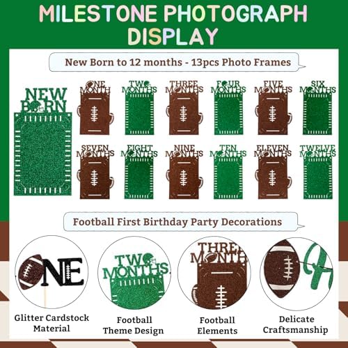 Glitter Football Birthday Photo Banner Set with 24pcs Cake Toppers
