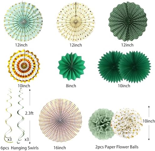 MEIWUTIE Green Gold Paper Fan Decorations Set