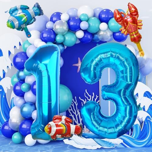 40 Inch Blue Number 1 Balloon with Sea Animal Decor
