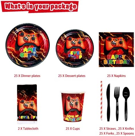 Mpanwen Red Gamer Party Supplies Set - 202Pcs for 25 Guests