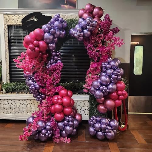 12 Inch Metallic Pink Purple Black and Silver Balloons with Ribbon