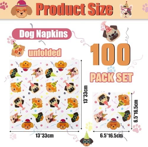 100 Pcs Cute Puppy Dog Party Napkins - 13x13 Inch