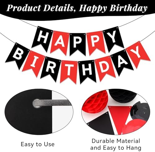 Red Black Happy Birthday Banner Decorations