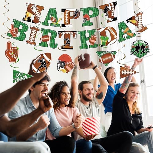 Hooqict Football Birthday Banner with 15 Hanging Swirls