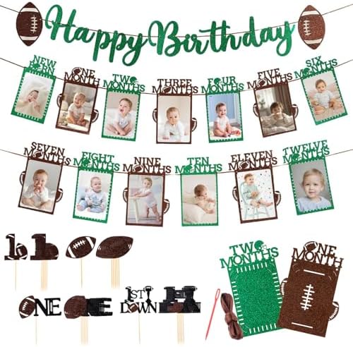 Glitter Football Birthday Photo Banner Set with 24pcs Cake Toppers