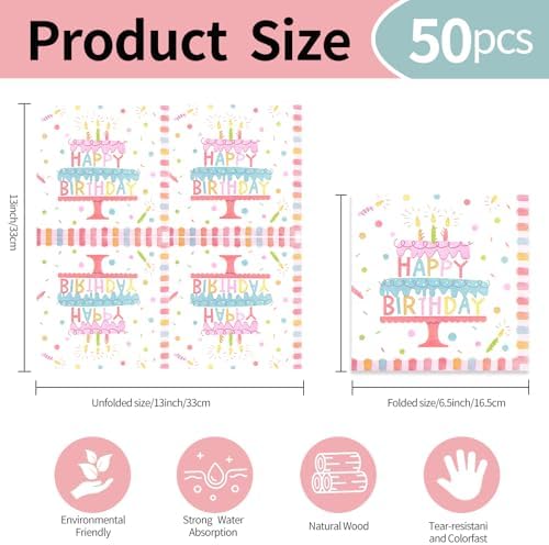 50 Pieces Birthday Napkins Cake Themed 13x13 Inches