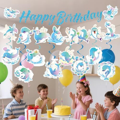Dolphin Birthday Decorations 10PCS Banners with Swirls